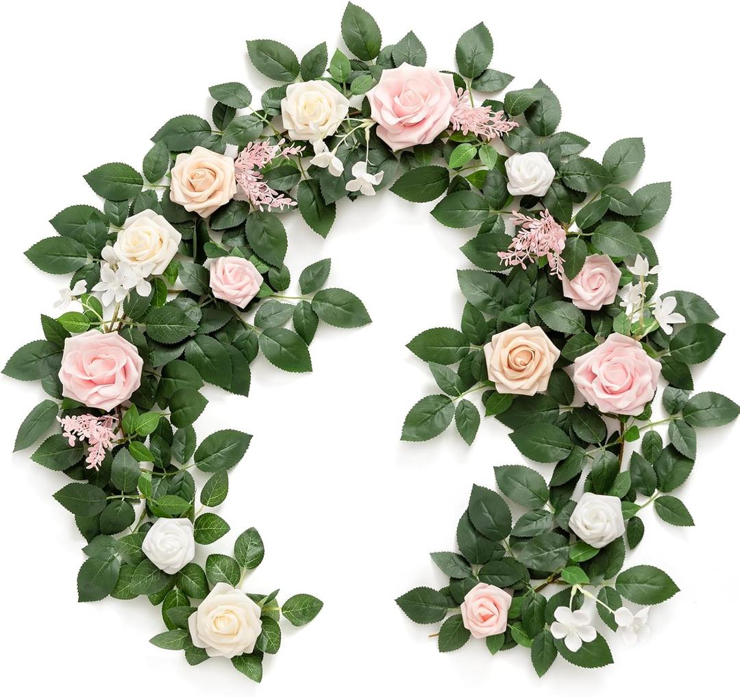 Ling's moment 5FT Blush Artificial Flower Garland Fake Pink Rose Leaves Floral Garland Arch Flowers Vine for Wedding Party Backdrop Decor Mantel Home Table Centerpieces Wall Decorations