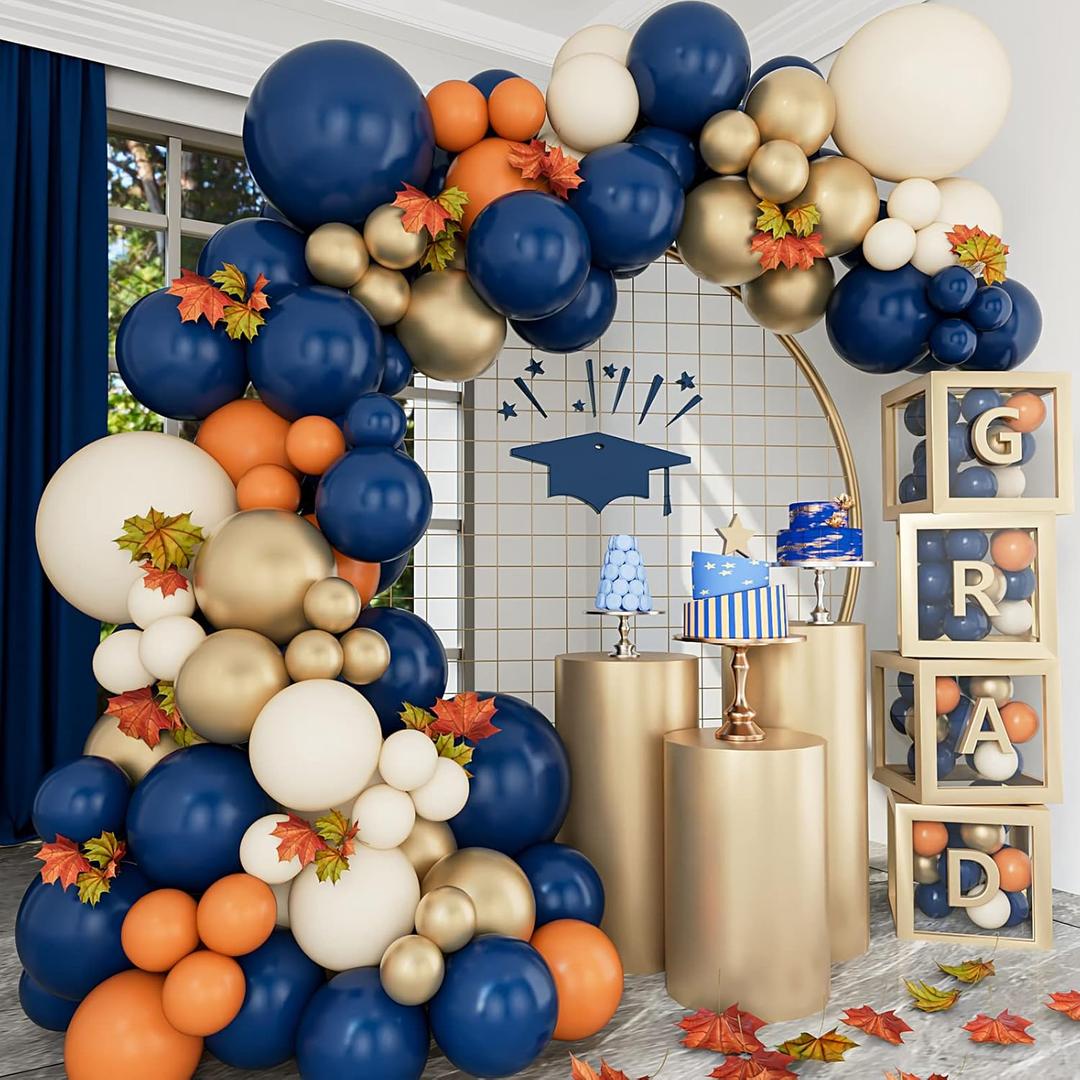 Vurxanqo Fall Balloon Arch Kit, Navy Blue White Metallic Gold Double Stuffed Burnt Orange Fall Balloon Garland Arch Kit for Thanksgiving Balloons Decorations Graduation