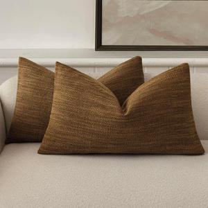 Foindtower Set of 2 Decorative Textured Burlap Linen Throw Pillow Covers Farmhouse Boho Lumbar Cushion Cover Solid Accent Pillowcase for Couch Sofa Bed Living Room Home Decor,1220 Inch,Golden Brown