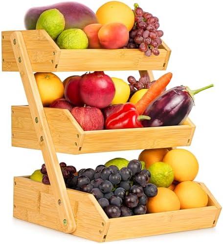 Golden Nature Fruit Basket - 3-Tier Bamboo Fruit & Vegetable Storage Organizer for Kitchen Counter - Lightweight & Easy Assembly - Countertop Stand Holder Bowl with Included Screws