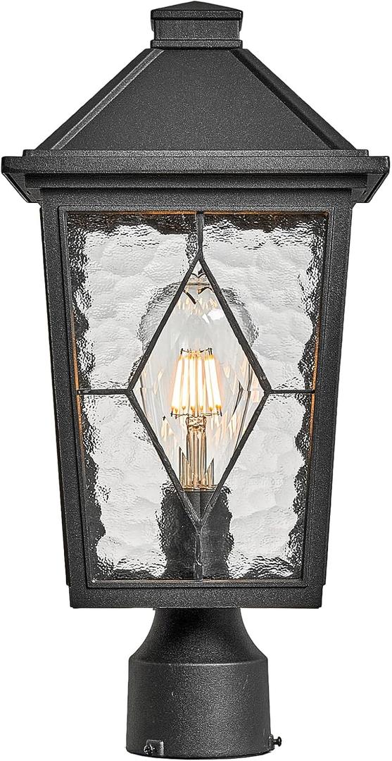 Outdoor Post Lights 16.5 Inch Black Lamp Post Light Fixture Aluminum Column Lighting with Water Ripple Glass E26 Socket Waterproof
