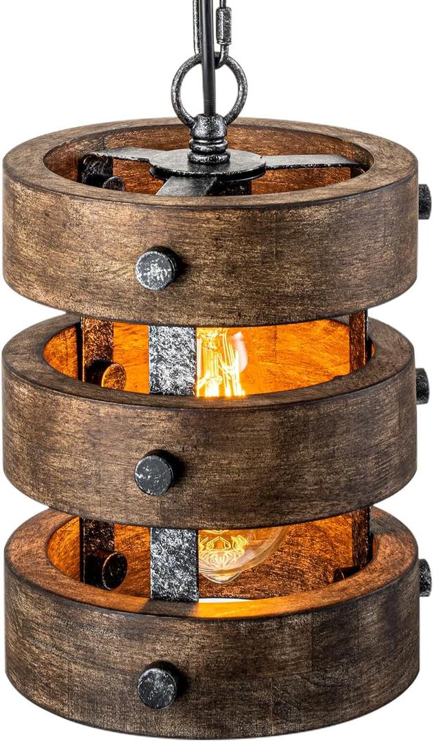 Farmhouse Wood Pendant Lights Kitchen Island, Dining Room Lighting Fixtures Over Table, Rustic Chandelier, Height Adjustable Hallway Light for Foyer Living Room Bar Restaurant (Dark Brown)