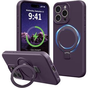 Compatible with iPhone 15 Pro Max Case Stand, Slim Full Camera Protection Liquid Silicone Phone Case Suitable for iPhone 15 Pro Max Compatible with MagSafe Ring Magnetic Kickstand, Purple
