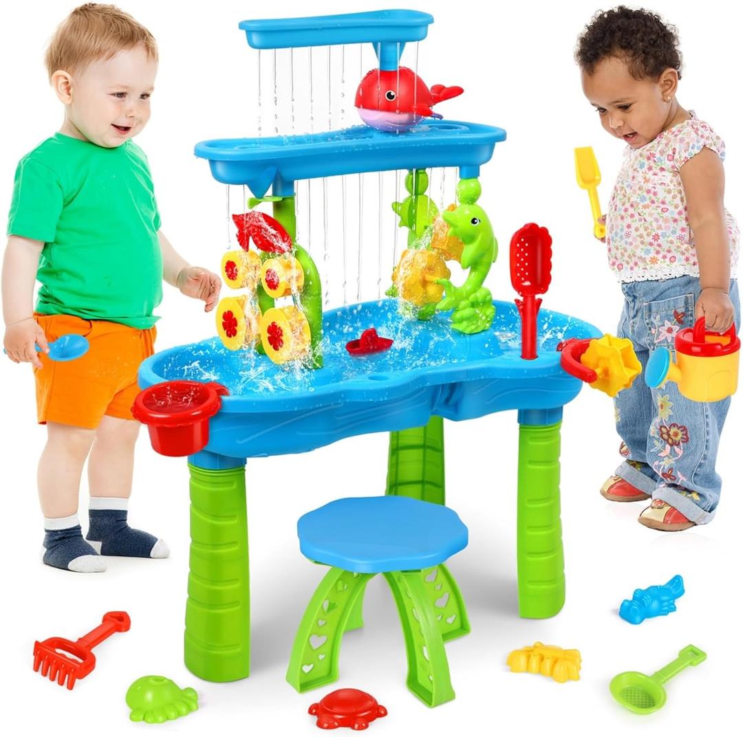 AOKESI Water Table for Toddlers 1-3,Outdoor Kids Water Play Table Rain Showers Splash Pond Sand, 3-Tier Sensory Activity Sand Table, Summer Beach Backyard Activities Water Toys for Toddlers Boys Girls