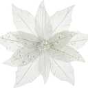 Briful 11'' Large Heads Christmas Glitter Poinsettia Flowers Christmas Ornaments Set of 4 Artificial Flowers with Long Picks Stems for Xmas Tree Party DIY Holiday Decorations, White