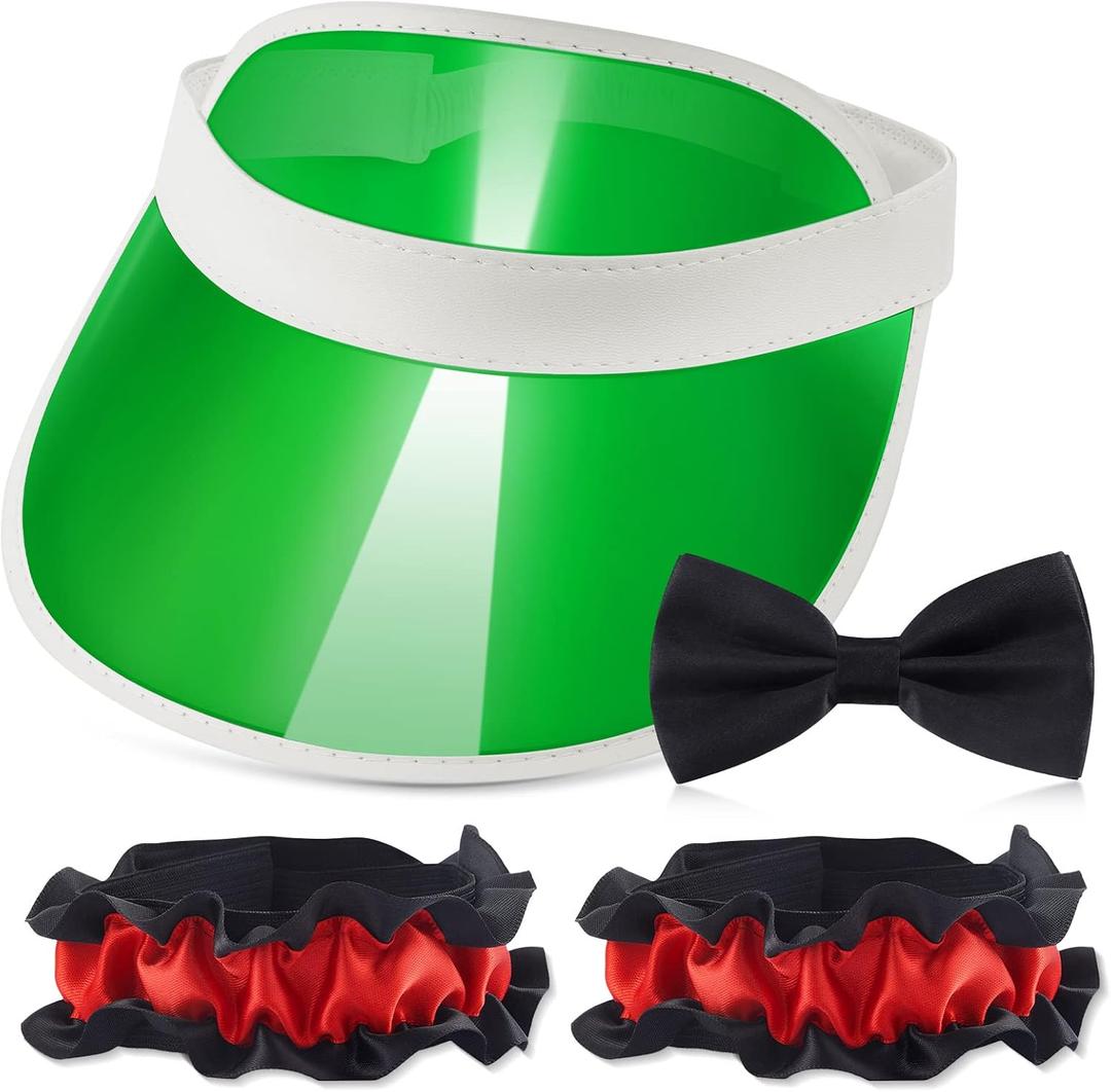 Hicarer 3 Pcs Casino Dealer Costume Set Includes Green Visors Hat Bowtie Armband Plastic Poker Hats Casino Dealer Costume Elastic Band Accessory Set for Las Vegas Birthday Game Nights