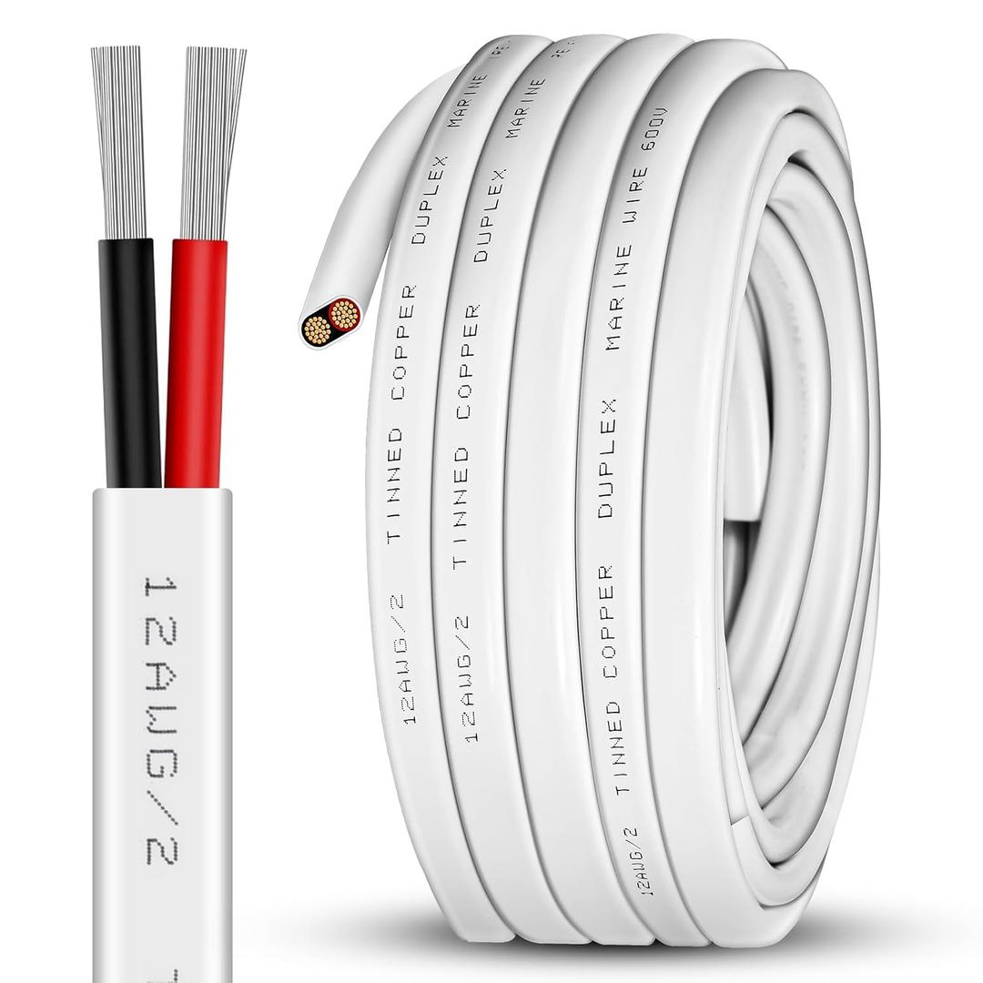 12 Gauge 30ft Marine Wire,2 Core Insulated Duplex Marine Grade Wire Tinned Copper Standard Electrical Wire Outdoor for Boat/Maine/Automotive/RV/Camper/Trailer, White