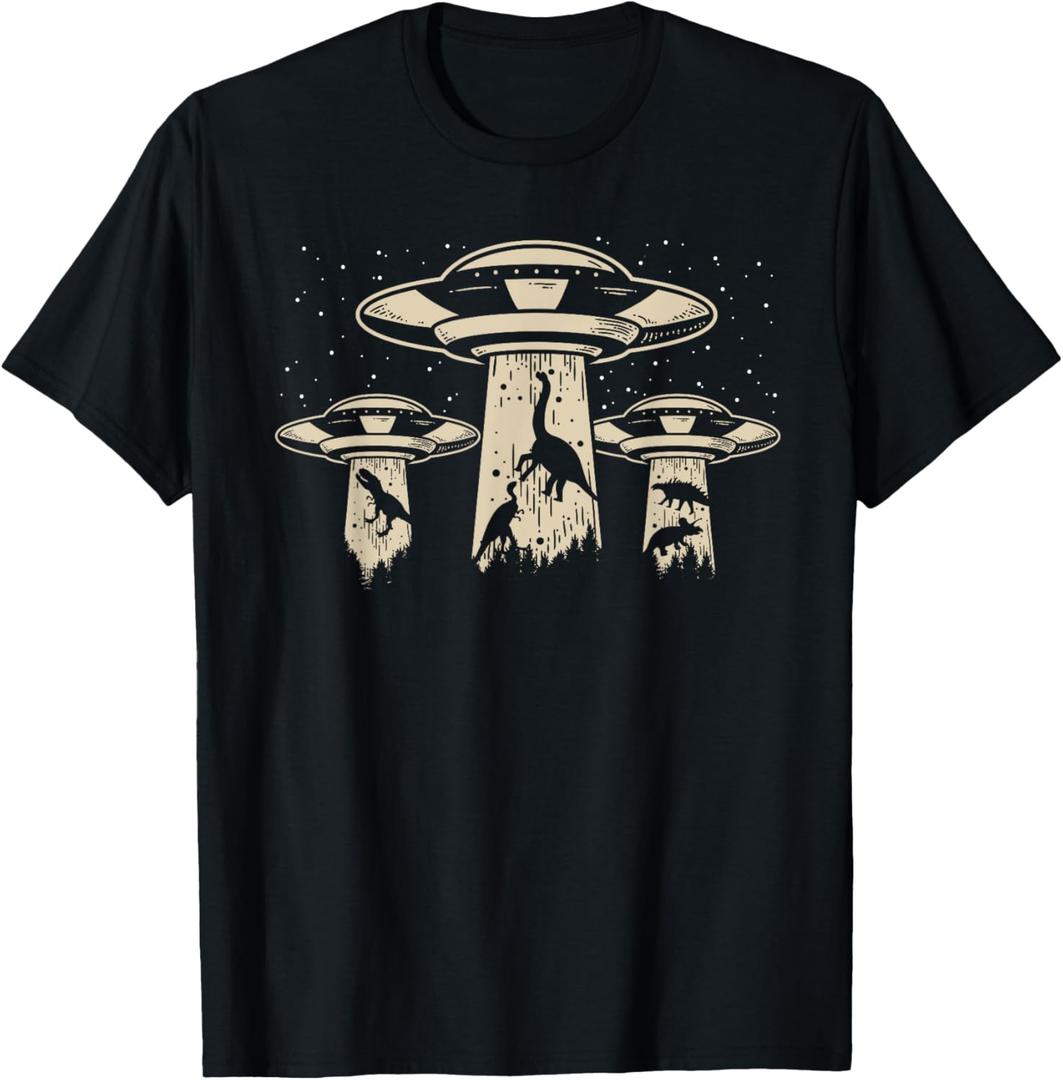Wowsome! Alien UFO Abduction Dinosaur T-Shirt - Unisex-Adults/Kids - Black - Short Sleeve - Classic Fit - Cotton/Polyester - Machine Wash - Small