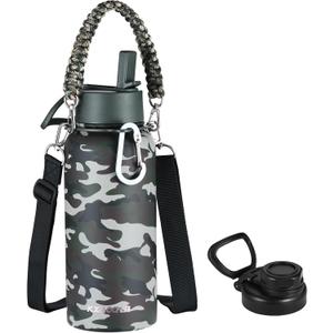 KXIAOCHEN Insulated Water Bottle, Stainless Steel Water Bottle, 2 Lids (Straw and Handle Lid),Wide Mouth Metal Water Bottles Keep Hot and Cold, Double Walled, Thermo Mug, Metal Canteen (Camouflage)