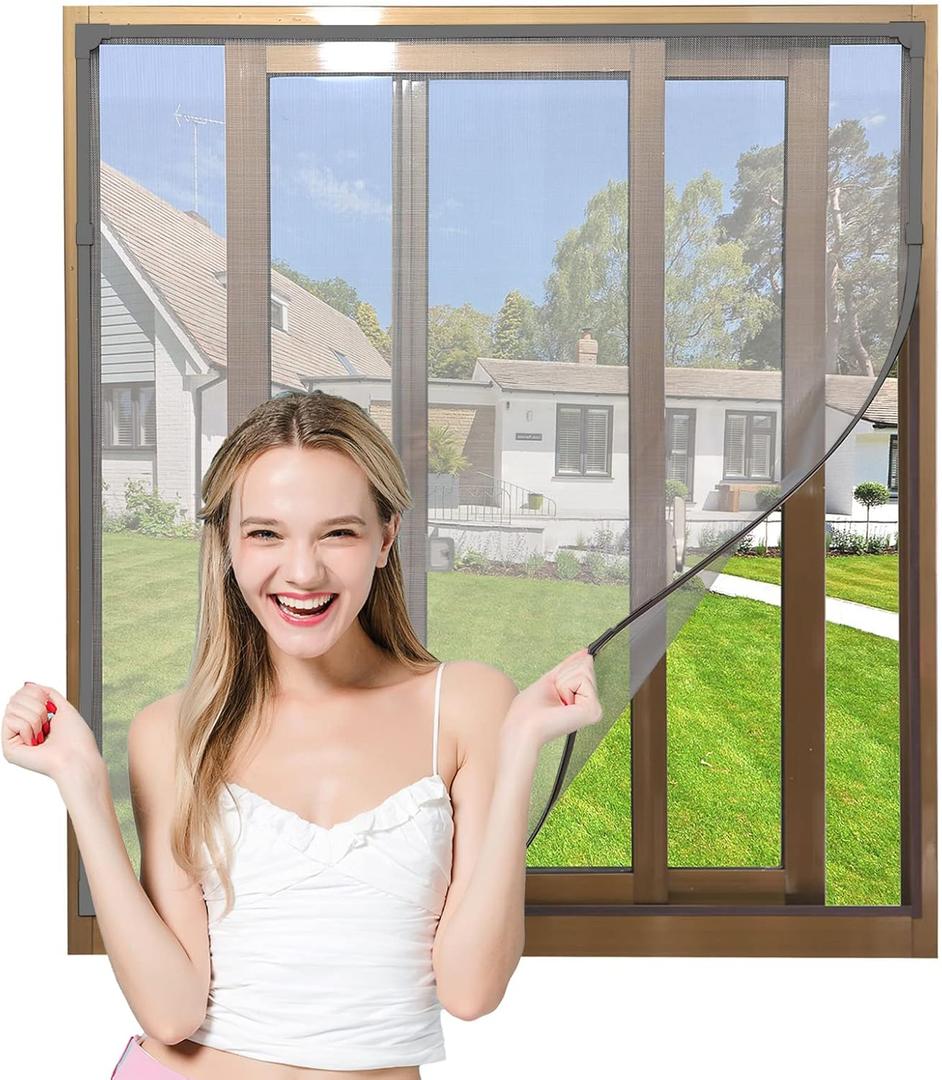 NeatiEase Adjustable DIY Magnetic Window Screen Max 60"x 48" Fits Any Size Smaller Gray Frame Fiberglass Mesh with Extra Accessories