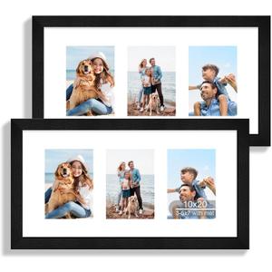 Hongkee 10x20 Picture Frame Set of 2, Rustic Black Wood Frame with Real Glass Collage Frame, Display Pictures Three 5x7 With Mat or 10 x 20 Without Mat - Horizontal or Vertical Wall Mounting, 10x20 in Matted to 3-5x7