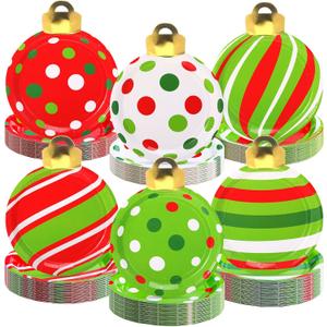 Zhehao 120 Pcs Christmas Disposable Paper Plates 7 Inches Xmas Dessert Plates Christmas Ball Shape Dish Holiday Paper Dinnerware Xmas Birthday Party Supplies for Dessert Salad Appetizer(Stylish Style)