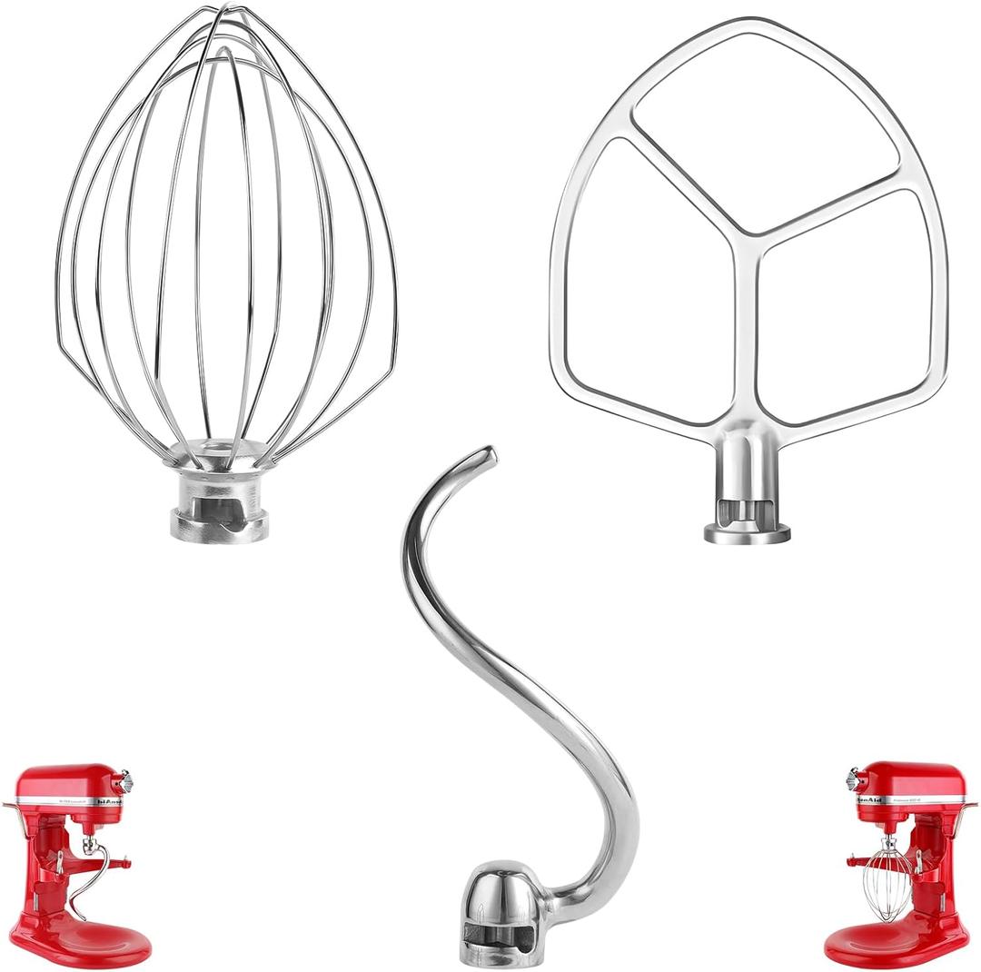Stainless Steel 3 Piece kit AttachmentsDough Hook 6 Wire Whisk Flat Beater Compatible with KitchenAid 5 Plus -6QT MixerBowl Lift Stand Mixer AccessoryRust ResistantDishwasher Safe