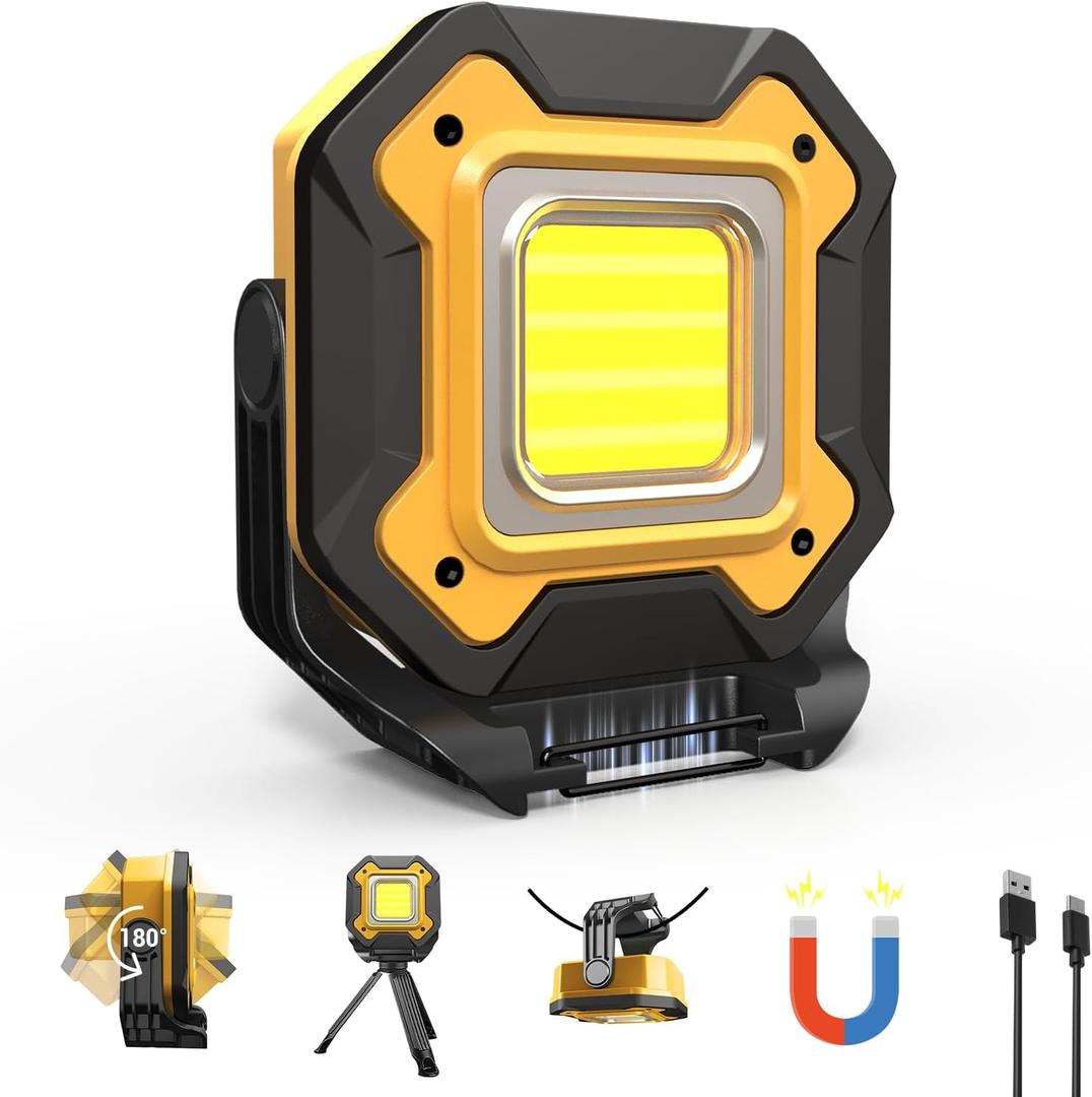 Rechargeable LED Work Light, 6000mAh 16 Hours Long-Lasting Cordless Magnetic Light, IPX5 Waterproof, 360Rotate Portable Flashlights, Battery Lamp for Car Repair&Camping, Gifts for Men (Yellow)