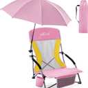 Homcosan Portable Low Folding Beach Chair with Detachable Umbrella - Lightweight Camping Chair for Adults with Cup Holder & Storage Pocket, Carry Bag Included (Pink & Yellow), 1 Pack