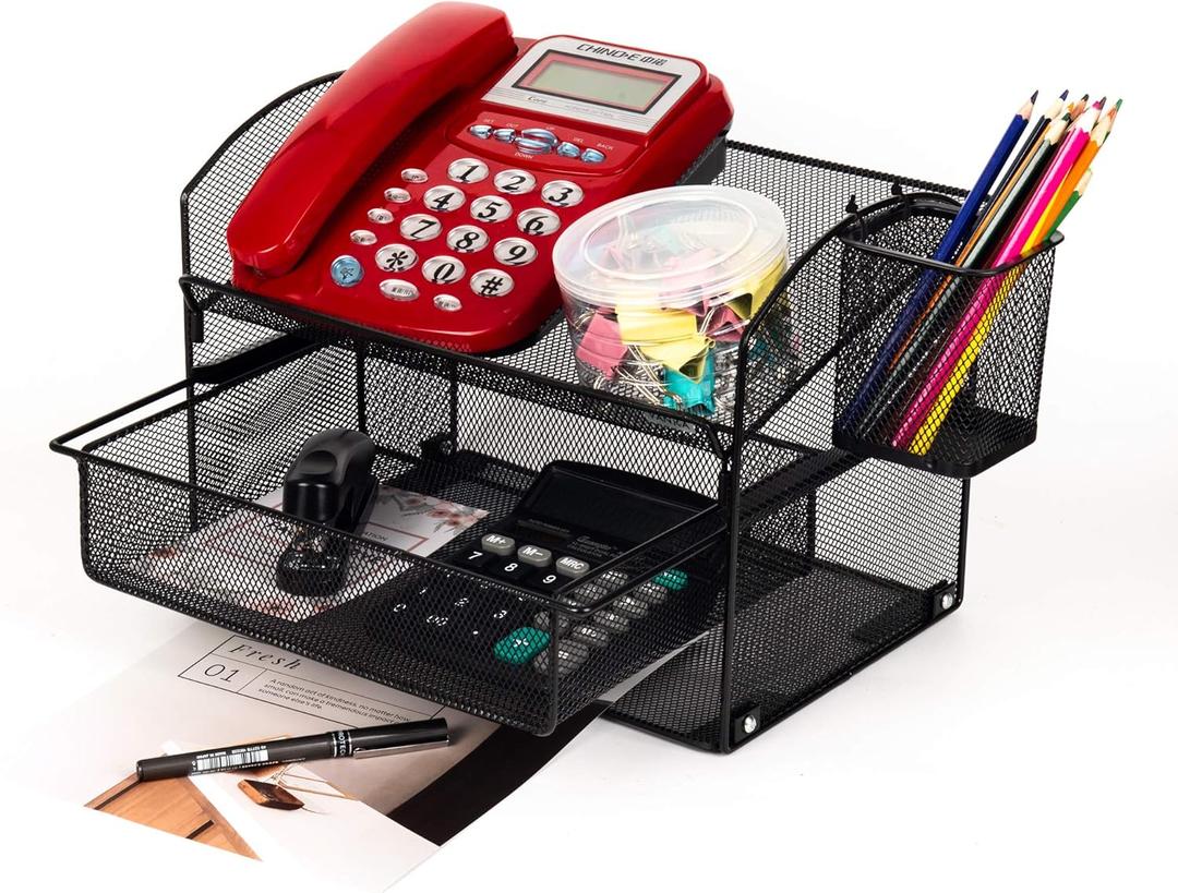 VANRA Desk Organizer Set Metal Mesh Desktop Telephone Stand with Pencil Cup Holder, 2 Piece Black (Black)