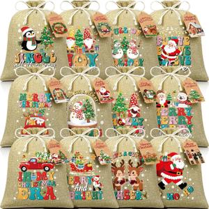12 PCS Burlap Christmas Drawstring Gift Bags, 10x12in Christmas Linen Gift Bags w/ Tags, Medium Xmas Burlap Sacks Jute Goody Gifts Bag Candy Treat Bags Reusable Gifts Wrapping for Holiday Party Favors