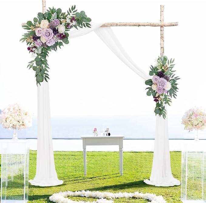 ponatia Wedding Arch Flowers with 26Ft Chiffon Fabric, Artificial Purple Flowers for Wedding Welcome Signs Decorations for Wedding Ceremony Reception (Lilac & Cream)
