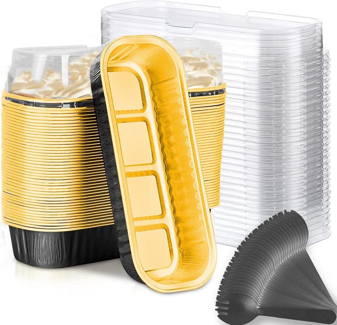 Mini Loaf Baking Pans with Lids and Spoons (50 Pack, 6.8oz) Rectangle Aluminum Foil Baking Pans Tins Containers - Cupcake Containers Wrappers Cheesecake Creme Brulee Ramekins (Black & Gold)