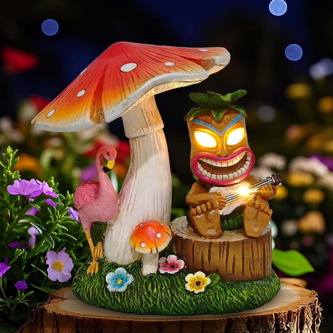 Solar Tiki Outdoor Statues: 8.3'' Funny Tiki Bar Decor with Solar Light Outside Decoration for Lawn Yard Patio Garden Gifts for Housewarming (Mushrooms)