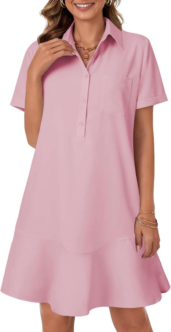 OPOIPIN Women's Collared V Neck Stripe Short Sleeve Button UP Ruffle Hem Shirt Tunic Mini Dress (Pink)