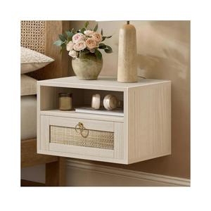 Floating Nightstand with Drawer for Wall Mounted Hanging Rattan Night Stand Bed Side Tables Wooden End Table Small Boho Dressers Farmhouse Shelves for Bedroom