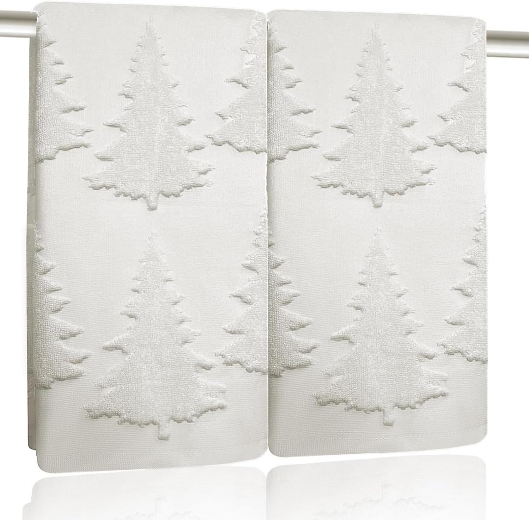 2 Pack Christmas Tree Hand Towels 100% Cotton Jacquard Holiday Kitchen Dish Towels Retro Neutral Beige Bathroom Towels Set Gift Seasonal Xmas Winter Bathroom Decor (Beige Christmas Tree)