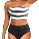 Tempt Me Women Bandeau Bikini Set Strapless High Waisted Two Piece Swimsuit Longline Bathing Suits (Large, Striped and Black)