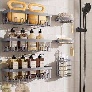 Veken 6-Pack Rustproof & Waterproof Shower Caddy, Adhesive Shelves Rack, Large Capacity Bathroom, College Dorm & Apartment Organizers, No-Drill Wall Mount Living Room & Bedroom Decor, Light Grey