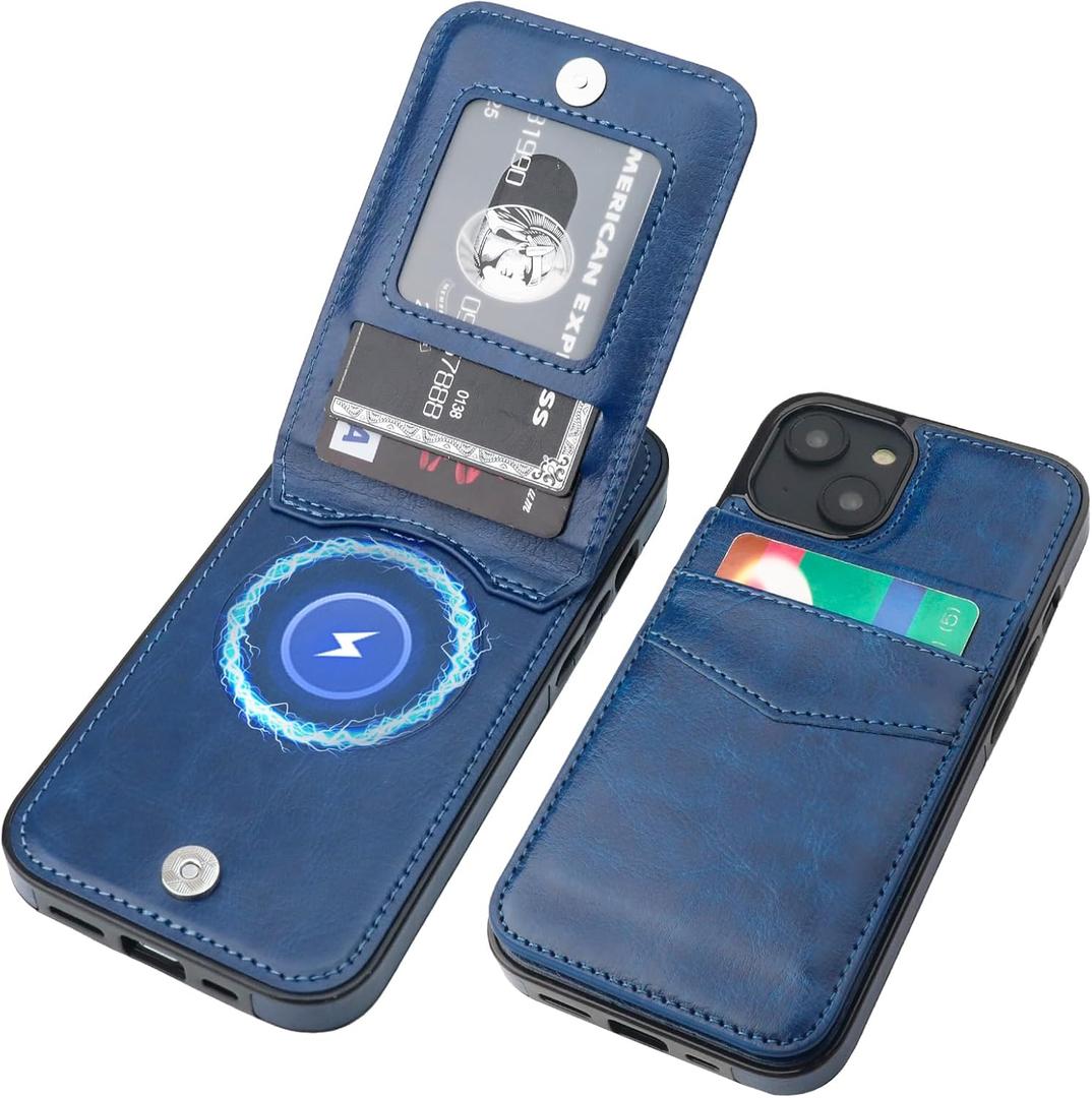 KIHUWEY for iPhone 13 Case Wallet Compatible with MagSafe Wireless Charging, Credit Card Holder, RFID Flip Leather Magnetic Clasp Kickstand Heavy Duty Protective Cover 6.1 Inch (Blue)