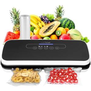 NutriChef Food Vacuum Sealer Machine - Automatic Air Sealing System for Dry & Moist Foods, LED Touch Controls, Includes Vacuum Bags, Hose & Wine Stopper, High Suction Power, 14"x6"x3", Black