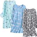 Inadays 3 Pack Women's Cotton Nightgown Sleepwear Long Sleeves Nightshirt Fun Print Sleepdress Loose Comfy Sleepshirts (XX-Large, Star+cloud+gray Penguin)