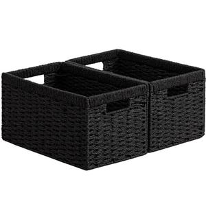 joybest Black Wicker Baskets for Shelves, 13.4L x 8.3W x 7.1H inch Hand-woven Storage Baskets for Pantry Organizing, Foldable Rectangular Bin with Handles, 2-pack