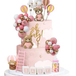 44 PCS Bear Cake Toppers - Mini 3D Bear BABY Letters Milk Bottle Pink Gold Foam Balls Cake Toppers for Boy Girl Birthday Party Baby Shower Cake Decorations