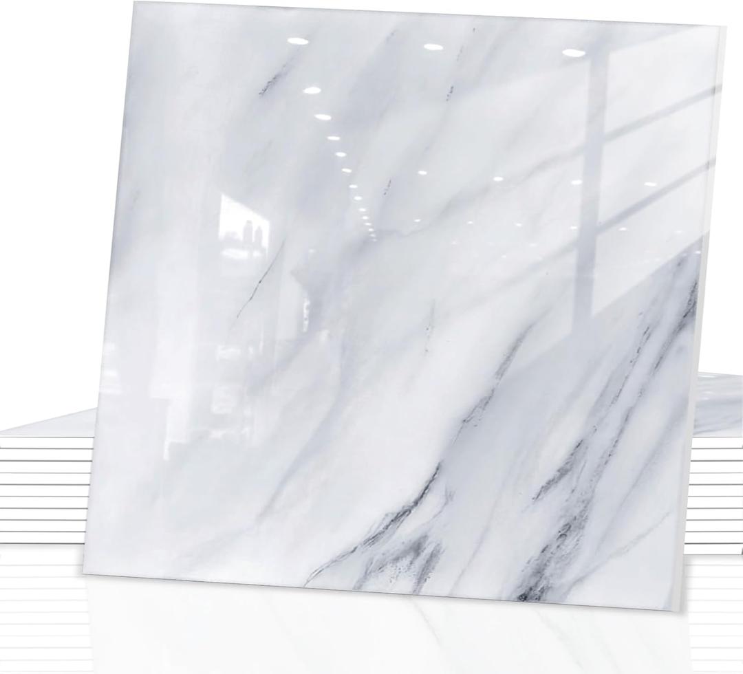 Peel and Stick Backsplash Tiles, 10pcs 12"x12" White Marble Wall Tiles, PVC Self Adhesive Wall Panels, Stick on Backsplash for Kitchen, Shower, Bathroom, Living Room