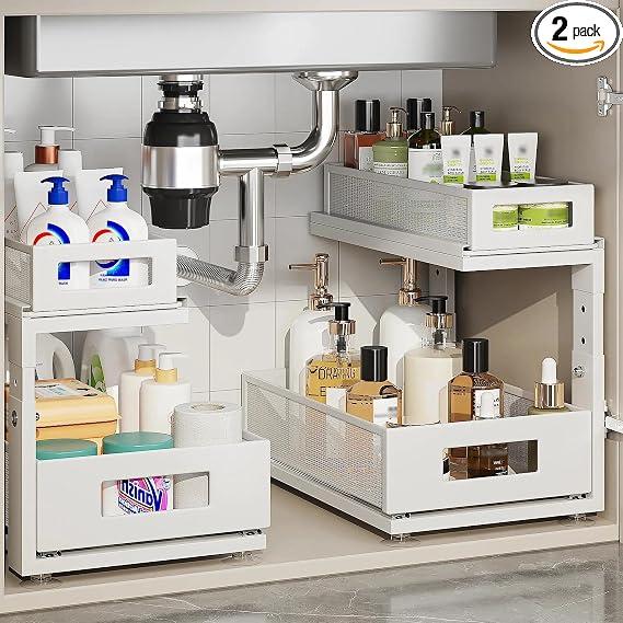 Corbyles 2 Pack 18.5IN-Depth Under Sink Organizer With Next-Gen Ball-Bearing Slides,2-Tier Pull Out Cabinet Storage,Height Adjustable Drawer Shelf for Bathroom,Kitchen,Laundry,Cabinet,Pantry-White