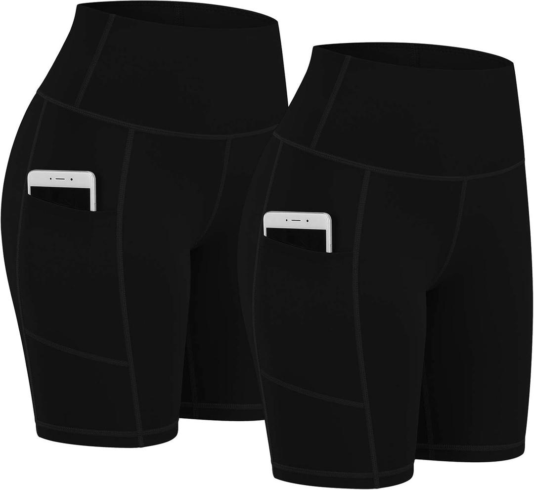 Fengbay 2 Pack 8" /5" Biker Shorts for Women with Pockets, High Waist Workout Shorts for Women Compression Yoga Shorts (Medium, 8"black & Black)