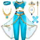 Akokvlar Girls Arabian Princess Costume Halloween Party Dress Up Outfits (Blue, 6-7 Years)