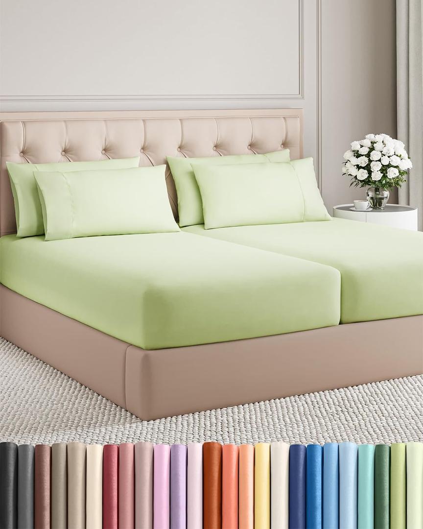 Split King 7 Piece Sheet Set - Comfy Breathable & Cooling - Soft Hotel Luxury Bedding Set with 8-16 Inch Deep Pockets - 1 Flat & 2 Fitted Sheet & 4 Pillowcases - Wrinkle Free & Easy Care - Light Sage