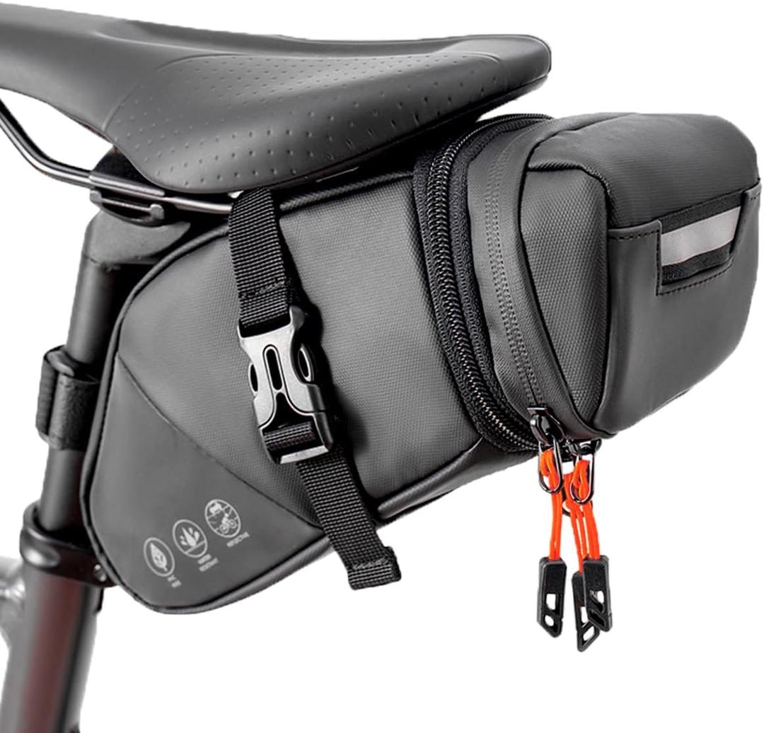 Bike Seat Bag, Expandable Bicycle Saddle Bag Under Seat, Waterproof Cycling Seat Pack for Mountain Road Bikes and Commuter, 1.5-2L (Black)