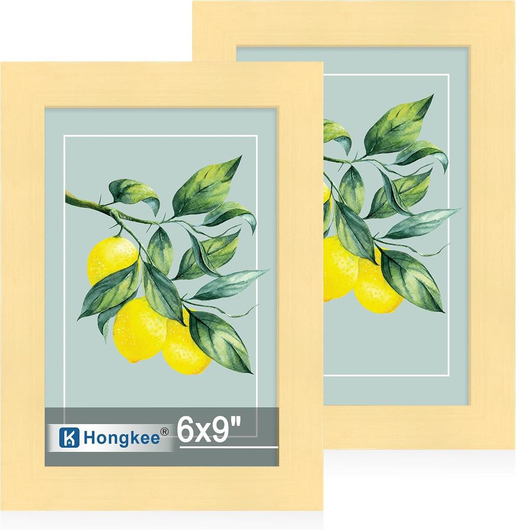 Hongkee 6x9 Picture Frame Set of 2, Made of Real Glass and Gold Wooden Frame - 6 by 9 Photo for Wall or Tabletop