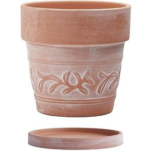 8" Embossed Whitewashed Terracotta Planter with Drainage Hole & Saucer, Rustic Style Unglazed Terracotta Pot for Indoor & Outdoors Plants