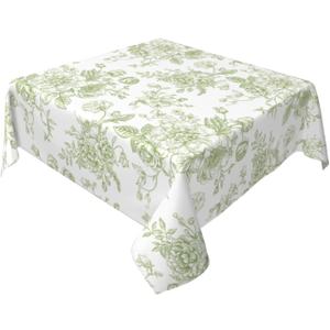 Sage Green Floral Tablecloth 60x60 Inch Square Vintage Chinoiserie Flower Green Toile Table Cloth Spring Decorative Polyester Stain Resistance Table Cover for Party Picnic Kitchen Decor