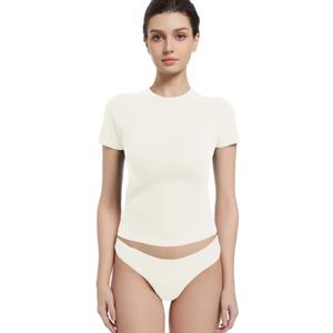 Abonlen Crewneck Short Sleeve T Shirts for Women Fitted Basic TeesY2k Going Out Tops Cream Medium