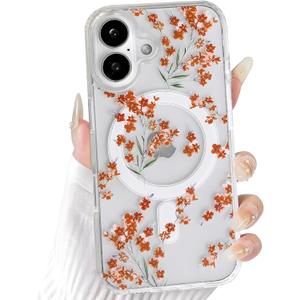 NITITOP Compatible with iPhone 16 Plus Case Clear Magnetic Compatible with MagSafe Cute Flowers Floral Leaves for Women Girls Hard PC Back Shockproof Protective Phone Cover - Orange