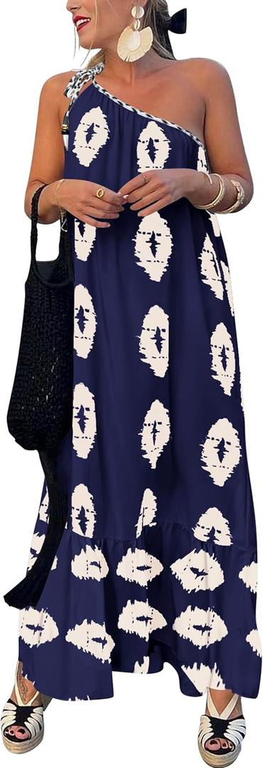 PRETTYGARDEN Women's 2026 Summer One Shoulder Maxi Dress Printed Flowy Boho Long Sundresses Spring Beach Vacation Clothes (Navy Apricot Floral)