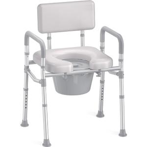 HOMLAND Bedside Commode with Padded Seat and Backrest, Aluminum Commode Toilet with Bucket, Easy Cleaning Portable Toilet for Adults and Seniors, 350 lb Capacity Enhanced Crossbar (Gray)