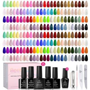 Beetles 110 PCS Gel Nail Polish Set, 100 Colors Infinite Inspiration Gift Spree All Season Red Brown Green Black Gel Polish with 5Pcs Base Top Coat Soak off UV Gel for Manicure Lovers DIY at Home