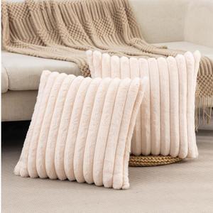ZLINA Set of 2 Beige Faux Fur Decorative Throw Pillow Covers Fluffy Striped Pillowcase Cushion Covers 18 x18 Inch Decor Sofa Couch Bedroom
