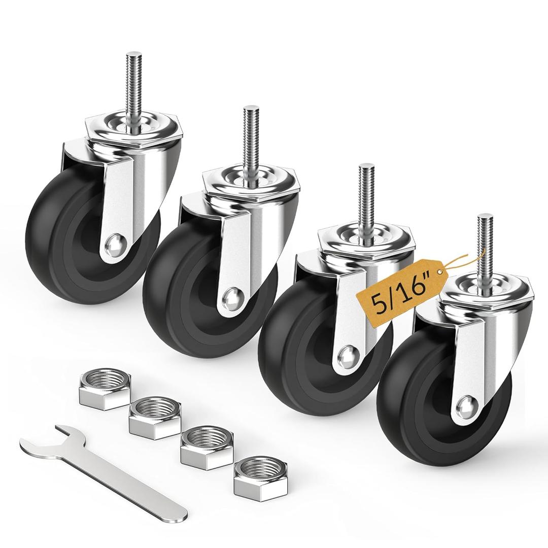 HOLKIE Caster Wheels 3 inch with No Brake Stem Casters, 5/16" -18 x 1-1/2" (Stem Diameter 5/16", Stem Length 1-1/2") Threaded Swivel Casters Set of 4 Heavy Duty Castors Black